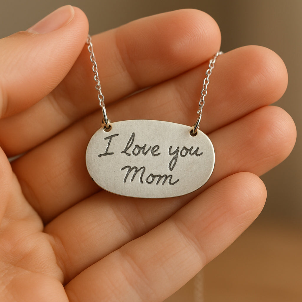 A close-up of a hand holding a delicate necklace engraved with a handwritten note on fine metal. Alt: Custom handwriting jewelry gift featuring a heartfelt message etched on pendant.