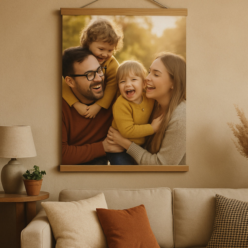 A cozy living room wall with a vibrant custom photo hanging canvas gift showing a joyful family moment. Alt: Custom photo hanging canvas gift of a happy family displayed on a living room wall