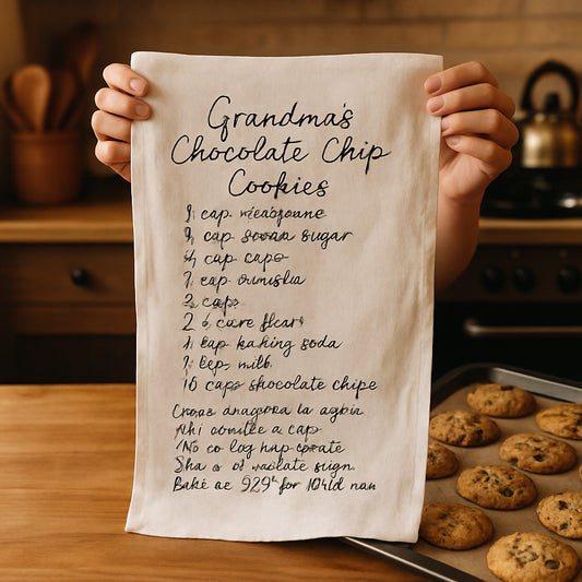 A cozy kitchen scene with a hands holding a linen cotton blend tea towel featuring a handwritten family recipe print, next to freshly baked cookies. Alt: Print on demand custom recipe tea towel gift with warm kitchen setting.