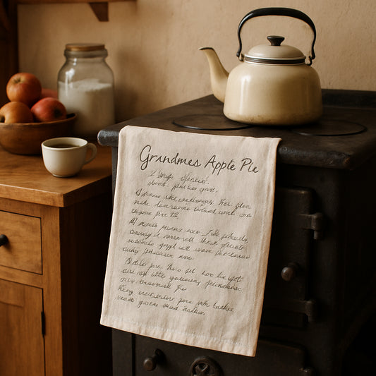 A cozy kitchen scene showing a linen cotton canvas tea towel printed with a handwritten family recipe hanging by a rustic stove. Alt: Print on demand custom recipe tea towel gift featuring a heartfelt family recipe printed on textured fabric.