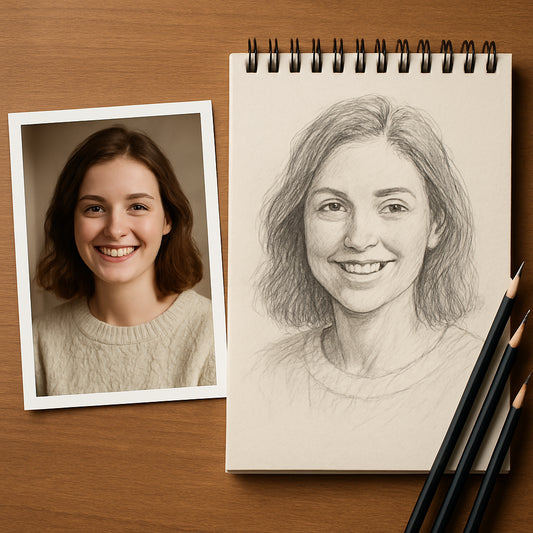 A well‑lit portrait photo on a desk beside a sketchpad and graphite pencils, showing the transition from photo to sketch. Alt: Choosing the right photo for a pencil sketch portrait from photo
