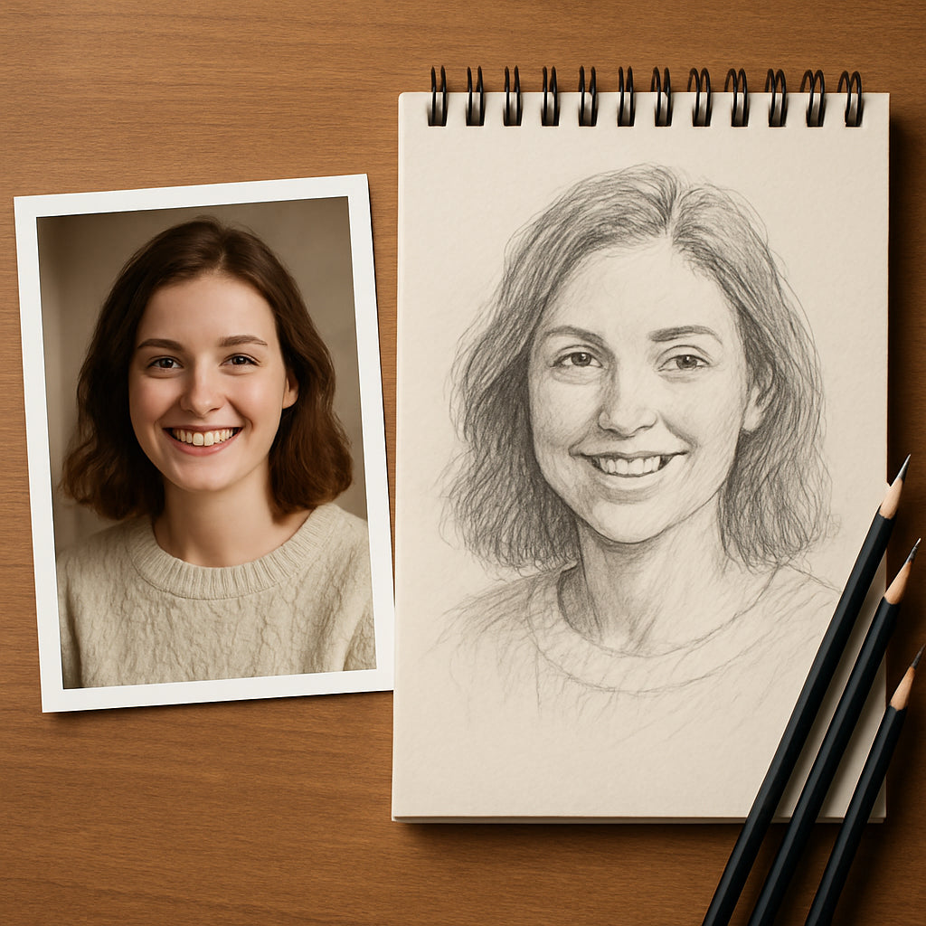 A well‑lit portrait photo on a desk beside a sketchpad and graphite pencils, showing the transition from photo to sketch. Alt: Choosing the right photo for a pencil sketch portrait from photo