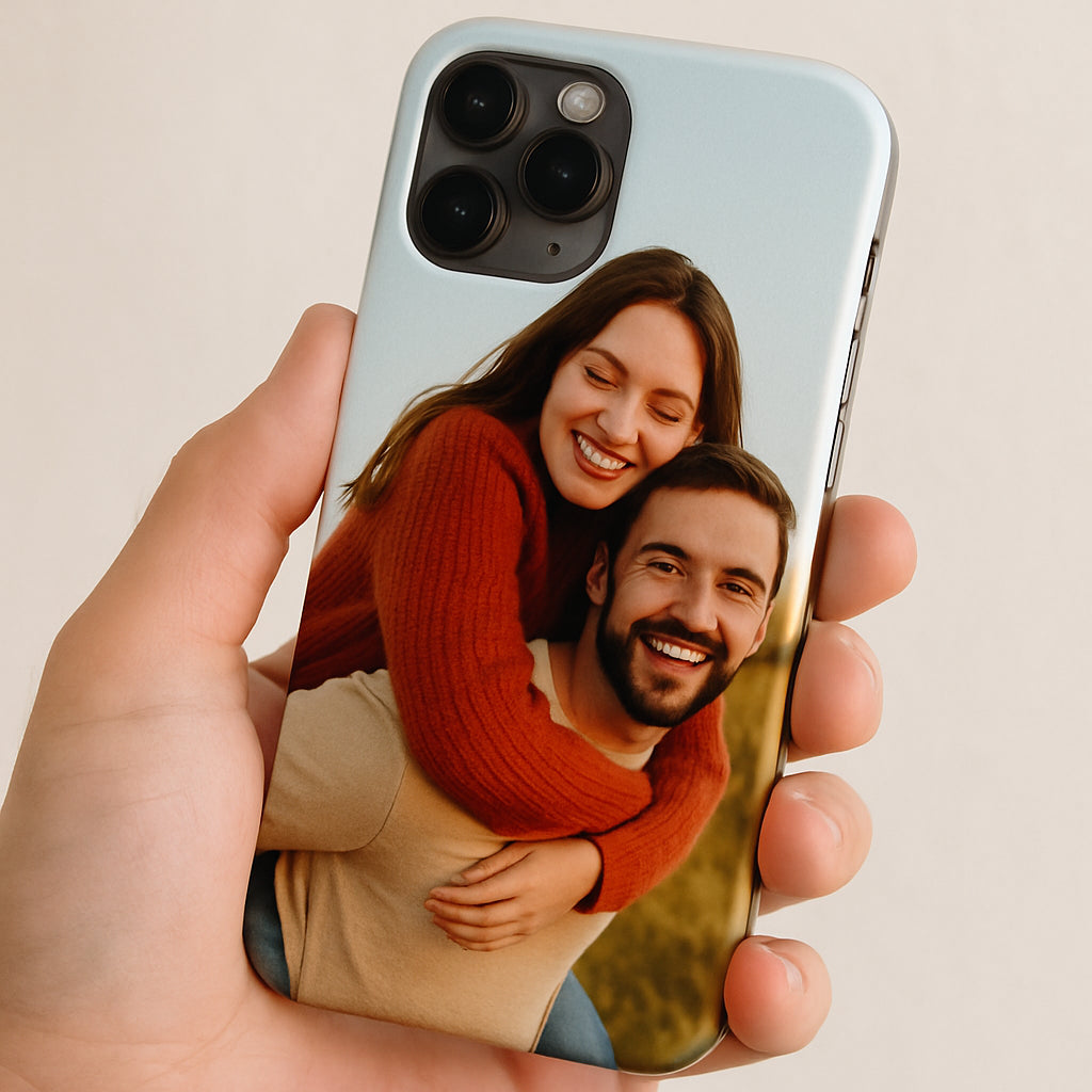 A close‑up of a hand holding a smartphone with a custom photo case, showing the vibrant printed image and the phone’s edges. Alt: custom photo phone case showing personalized design on a modern smartphone.