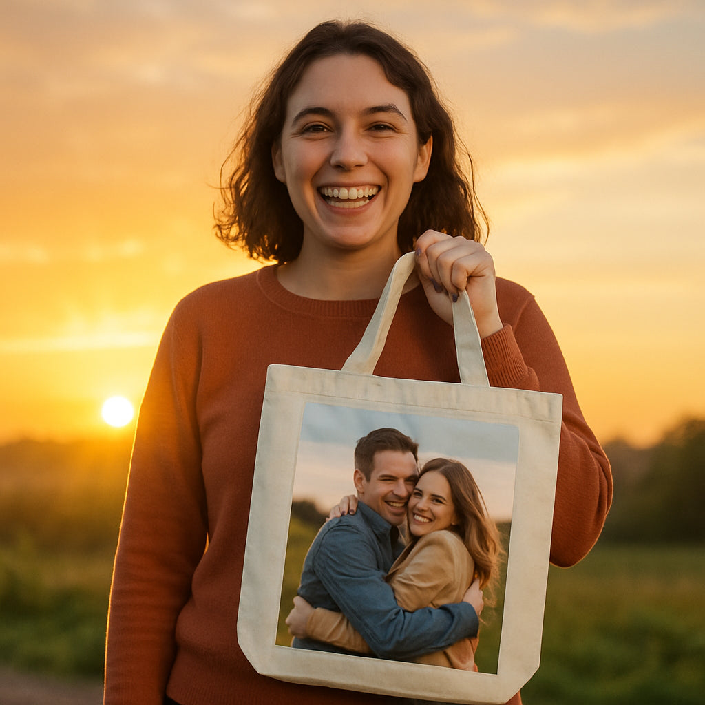 A happy person holding a custom photo canvas tote bag with a bright sunrise background. Alt: personalized photo canvas tote bag gift