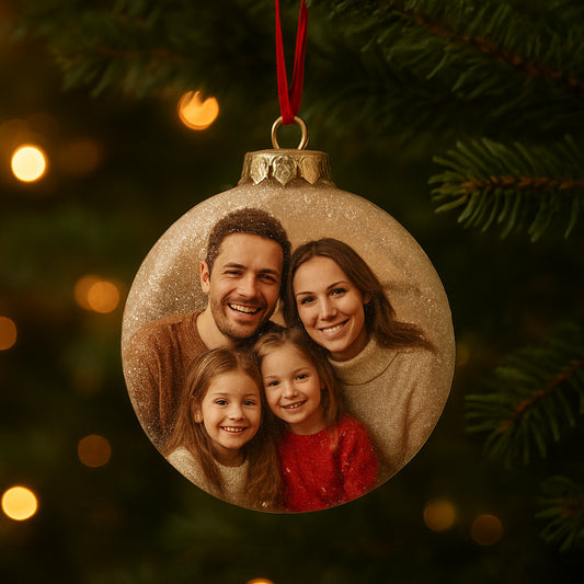 A warm holiday scene with a close‑up of a personalized photo Christmas ornament hanging on a spruce branch, showing the photo detail and subtle glittery coating. Alt: personalized photo Christmas ornament close‑up detail.