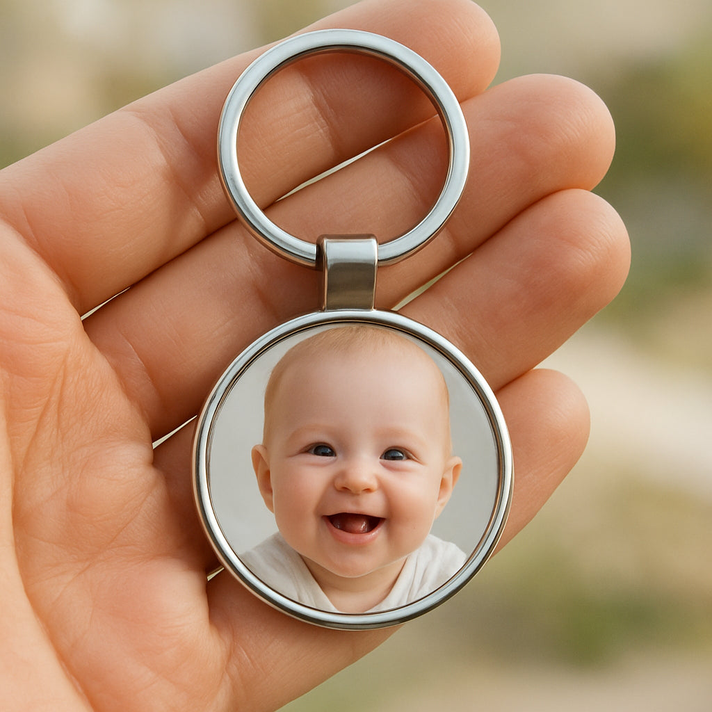 A close‑up of a hand holding a sleek metal personalized photo keychain with a smiling baby’s face centered on it, bright daylight in the background. Alt: personalized photo keychain with high‑resolution baby picture