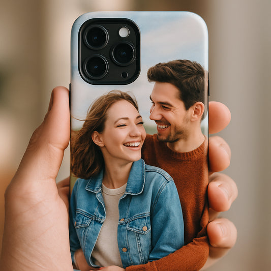 A close‑up of a smartphone held in hand, with the back showing a vibrant, custom‑printed photo case that perfectly aligns with the camera cut‑out. Alt: personalized photo phone case showcasing precise model fit and vivid UV‑printed image.