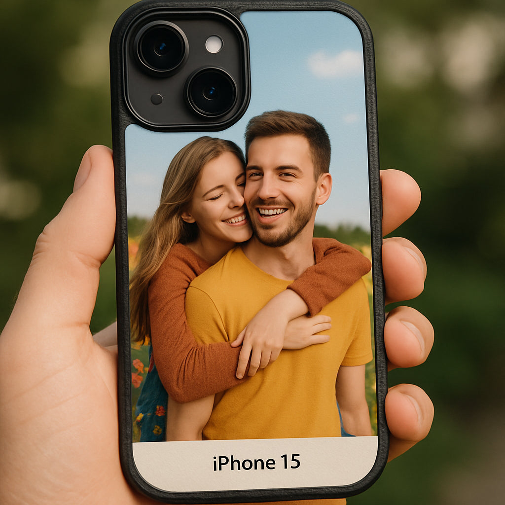 A close‑up of a hand holding a smartphone with a vibrant personalized photo case, showing the phone model label and case material texture. Alt: personalized photo phone case showcasing custom image on a sleek hybrid case.