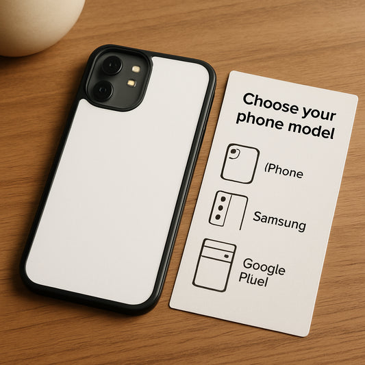 A phone on a table with a blank case outline, showing options for iPhone, Samsung, and Google Pixel. Alt: personalized photo phone case model selection