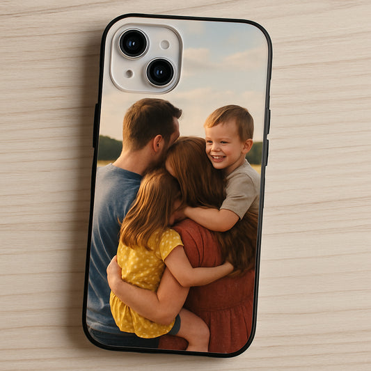 A phone case with a vivid family photo printed on it, showing the back of a smartphone with a personalized photo design. Alt: personalized photo phone case