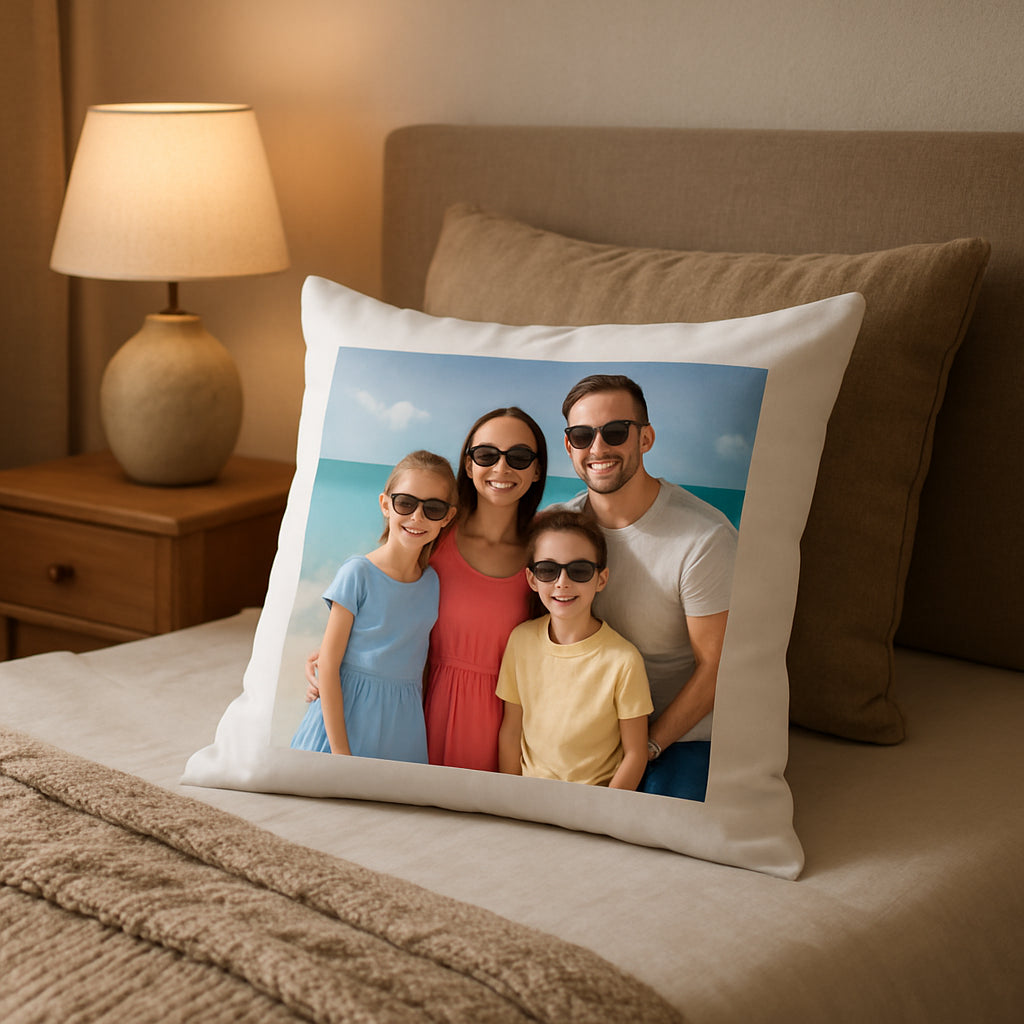 A cozy bedroom scene with a personalized photo pillow featuring a family vacation picture. Alt: personalized photo pillow cover gift
