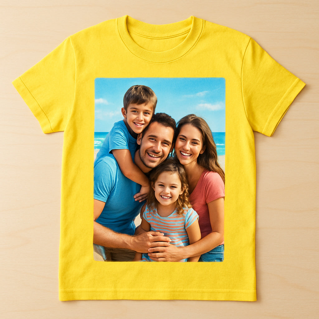 A vibrant mock‑up of a personalized photo t shirt showing a family beach photo centered on the chest, with bright colors and soft cotton texture. Alt: personalized photo t shirt with family beach photo design
