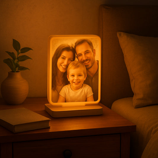 A cozy bedroom nightstand with a personalized picture night light casting a soft glow, showing a family photo of a child smiling, warm amber lighting, high detail. Alt: personalized picture night light on a nightstand with family photo.