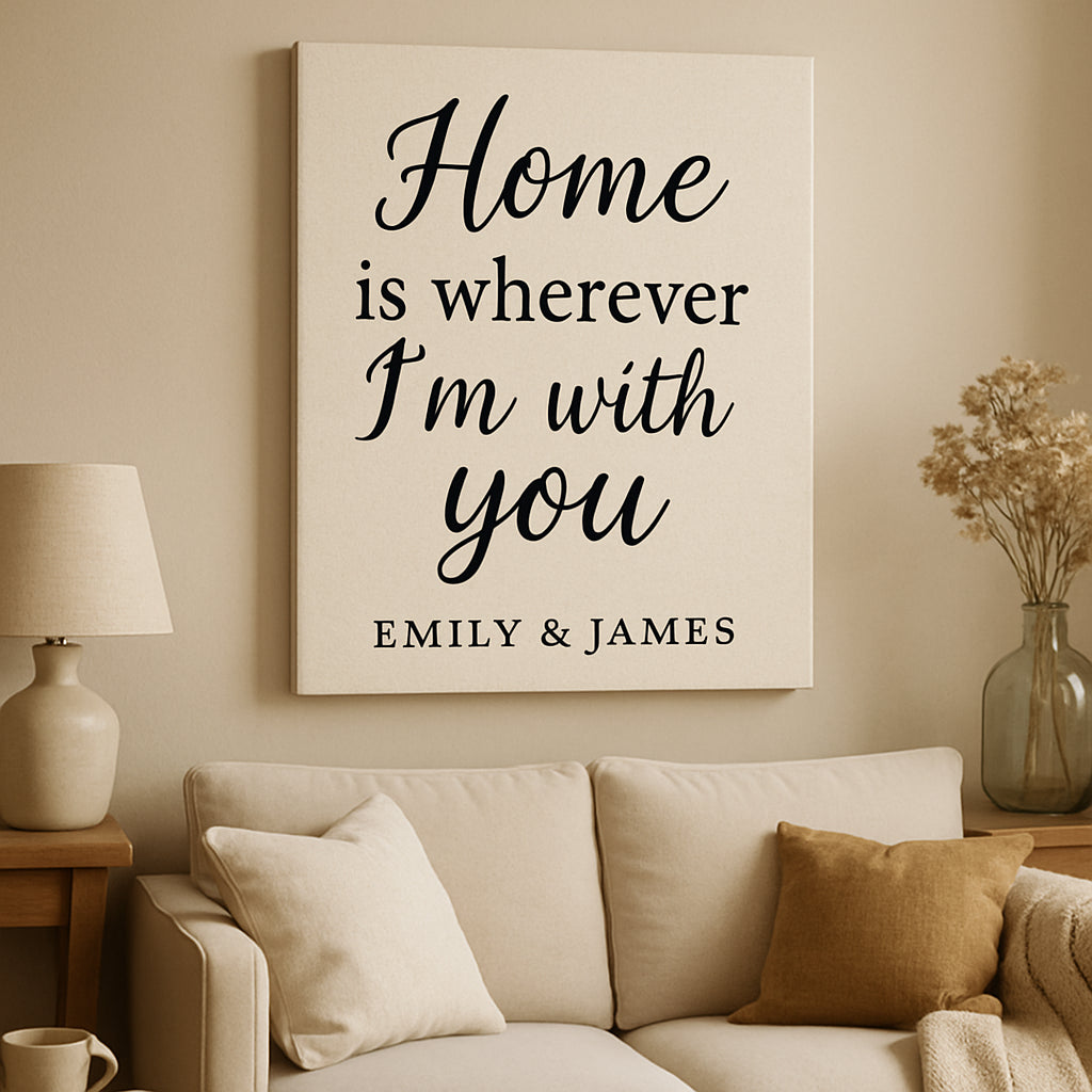 A cozy living room wall featuring a personalized quote canvas with elegant typography. Alt: personalized quote canvas wall decor