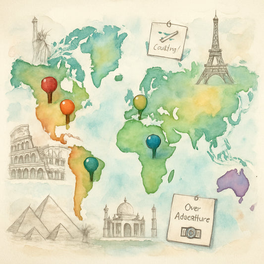 Artistic watercolor-style map dotted with colorful travel pins, surrounded by sketches of landmarks and travel notes. Alt: Personalized watercolor travel map poster showing meaningful destinations with vibrant pins and artistic details.