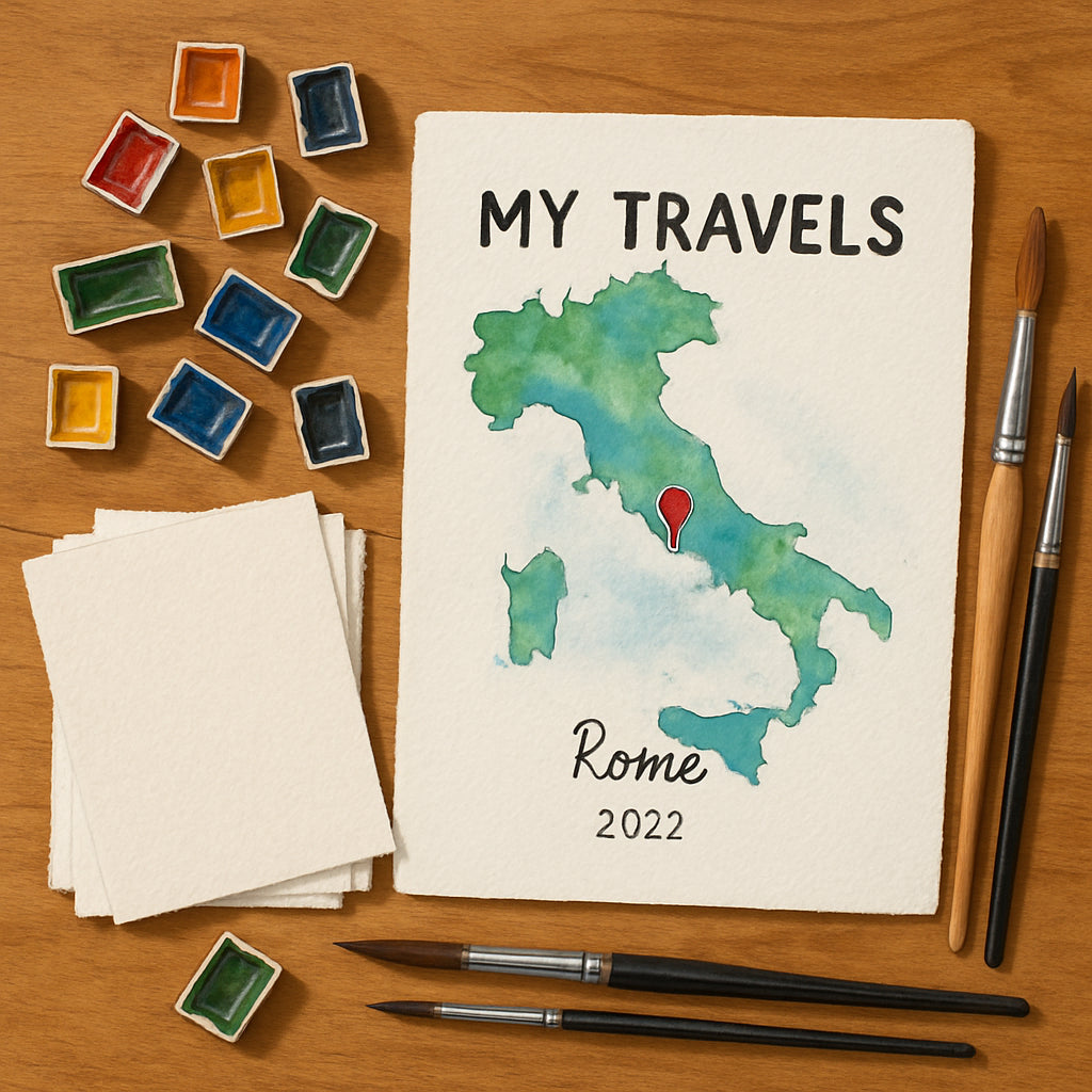 A collection of watercolor supplies including textured cold-pressed paper, watercolor paint pans, brushes, and a sketch of a personalized travel map. Alt: How to create a personalized watercolor travel map poster materials laid out on a wooden table.