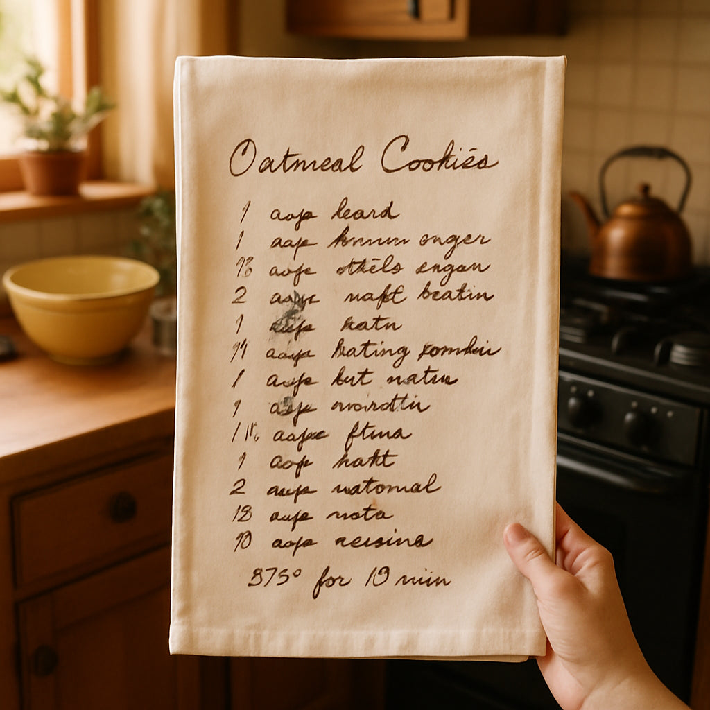 A cozy kitchen scene with a hand‑held tea towel displaying a handwritten family recipe, soft natural light, warm colors. Alt: Print on demand custom recipe tea towel gift featuring a handwritten family recipe.