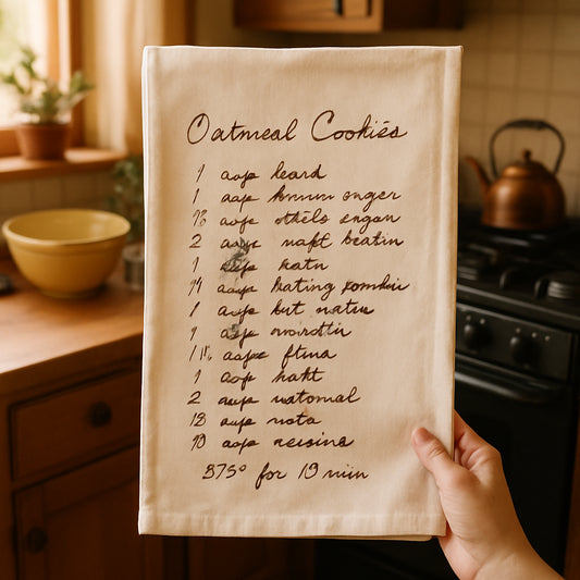 A cozy kitchen scene with a hand‑held tea towel displaying a handwritten family recipe, soft natural light, warm colors. Alt: Print on demand custom recipe tea towel gift featuring a handwritten family recipe.