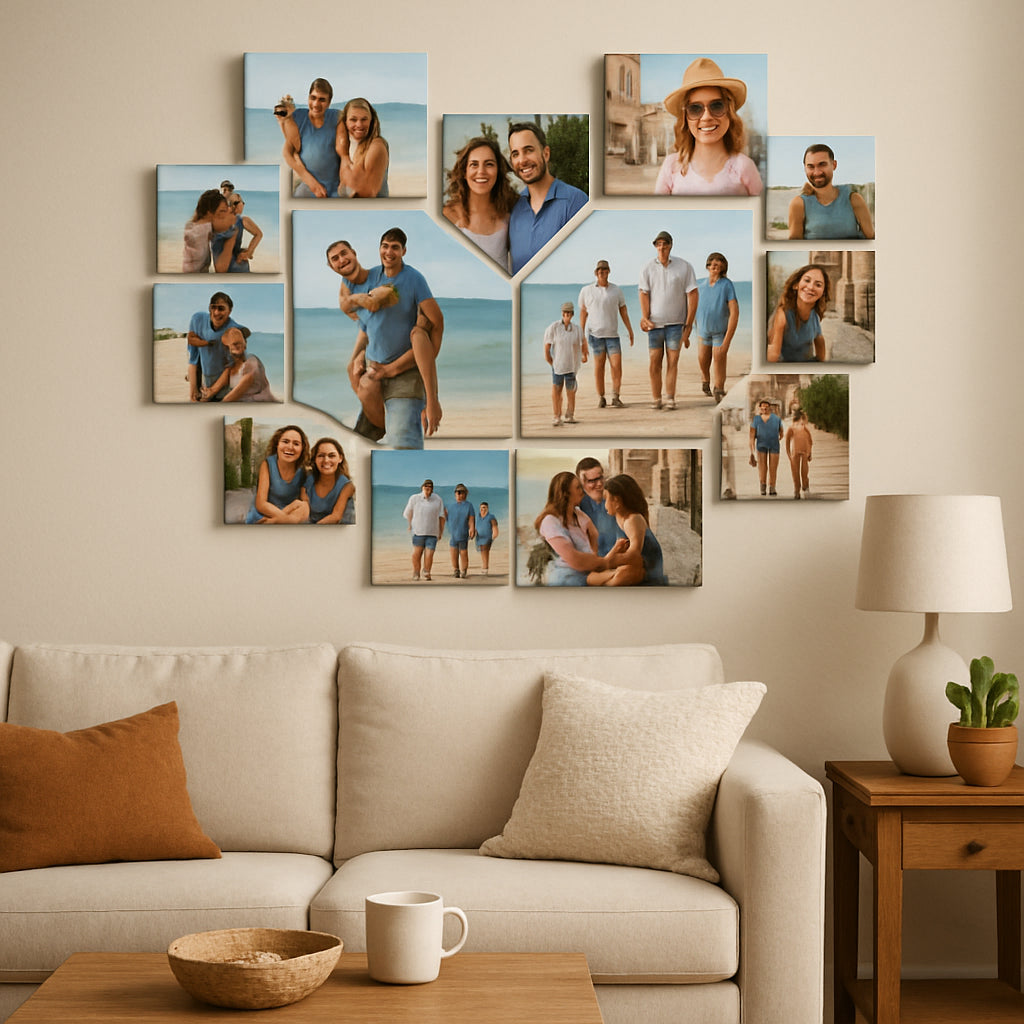 A cozy living‑room wall featuring a custom canvas photo collage with a mix of family vacation shots, arranged in a heart‑shaped layout. Alt: custom canvas photo collage displayed in a modern home setting.