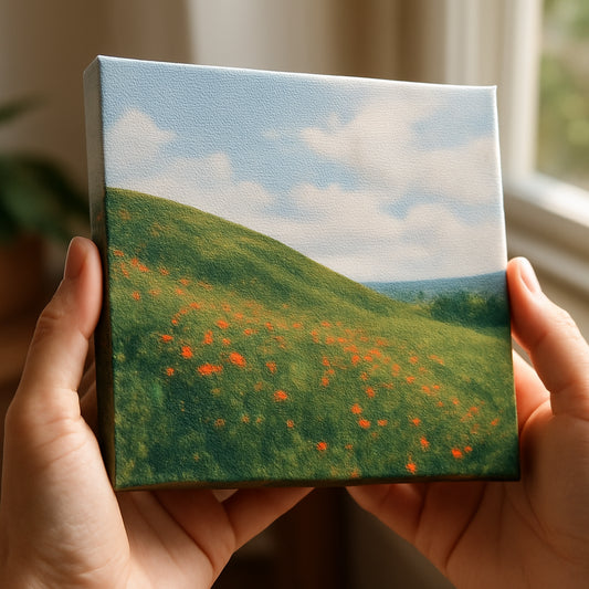 A square photo canvas being inspected under natural light, showing texture and colour accuracy. Alt: Detailed view of a printed square photo canvas quality check.
