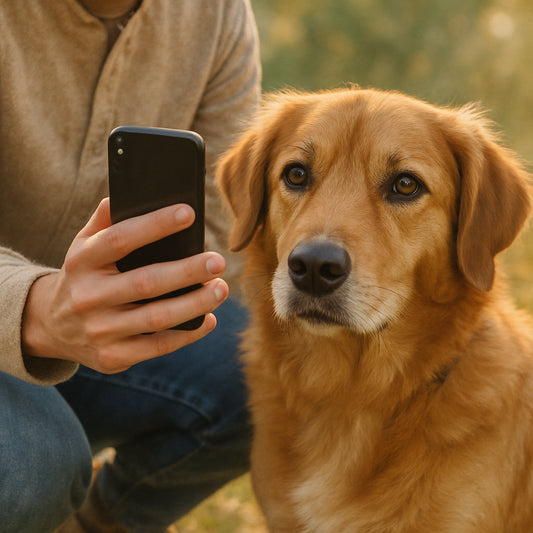 A cozy scene of a person kneeling beside their dog outdoors in soft natural light, holding a smartphone to take a close-up photo. Alt: Close-up portrait photo of a dog in natural light, ideal for custom watercolor pet portrait printable download.