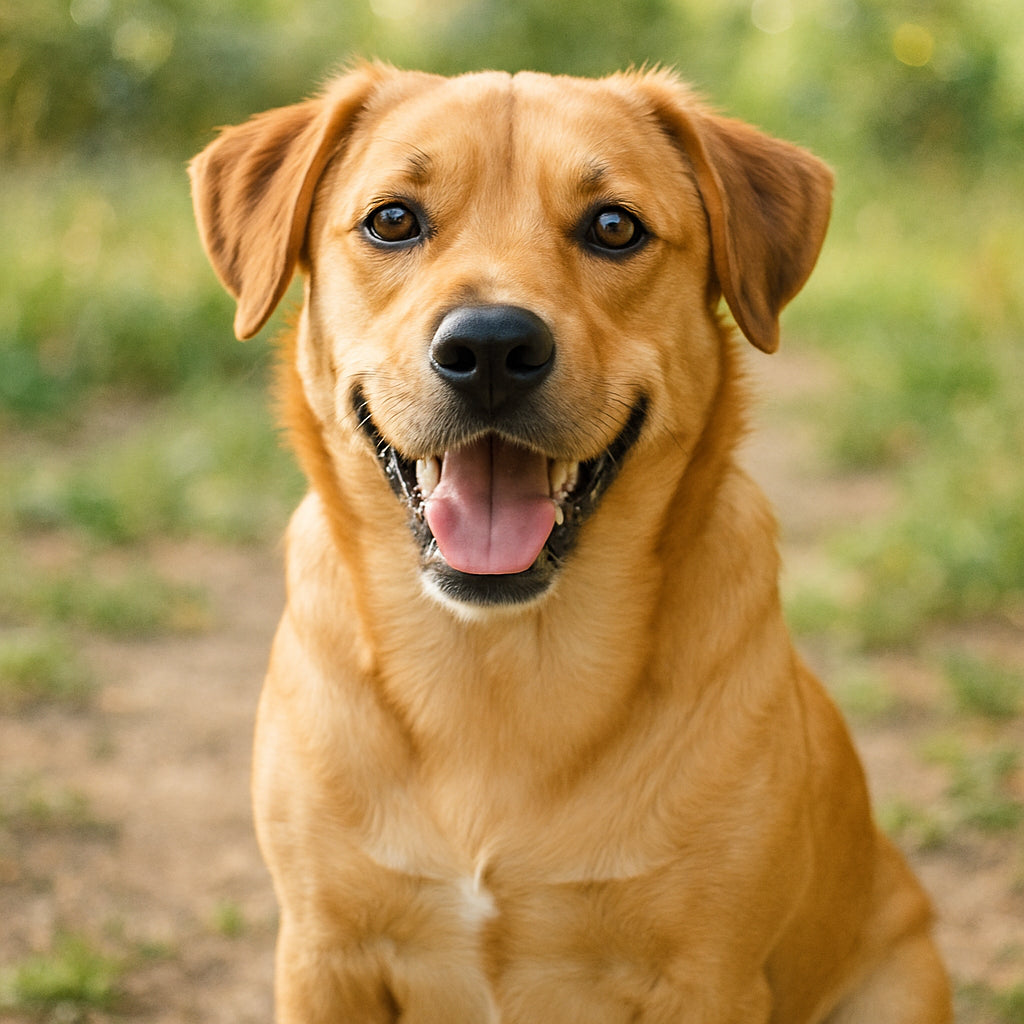 A natural light photograph showing a happy dog seated outside, captured at eye level with expressive eyes visible. Alt: High-quality photo for custom watercolor pet portrait printable download showing a happy dog in natural light.