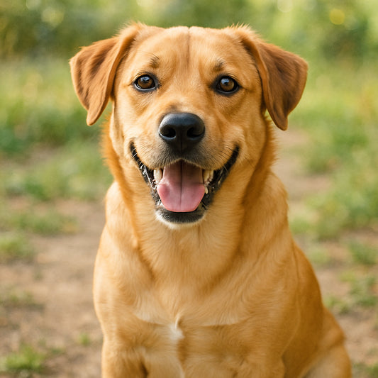 A natural light photograph showing a happy dog seated outside, captured at eye level with expressive eyes visible. Alt: High-quality photo for custom watercolor pet portrait printable download showing a happy dog in natural light.