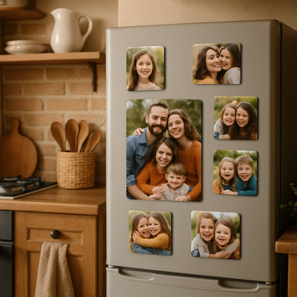 A cozy kitchen scene with a fridge door covered in personalized photo magnets, showing a family smiling in a candid snapshot. Alt: Custom photo magnets for fridge gift displayed on kitchen refrigerator.