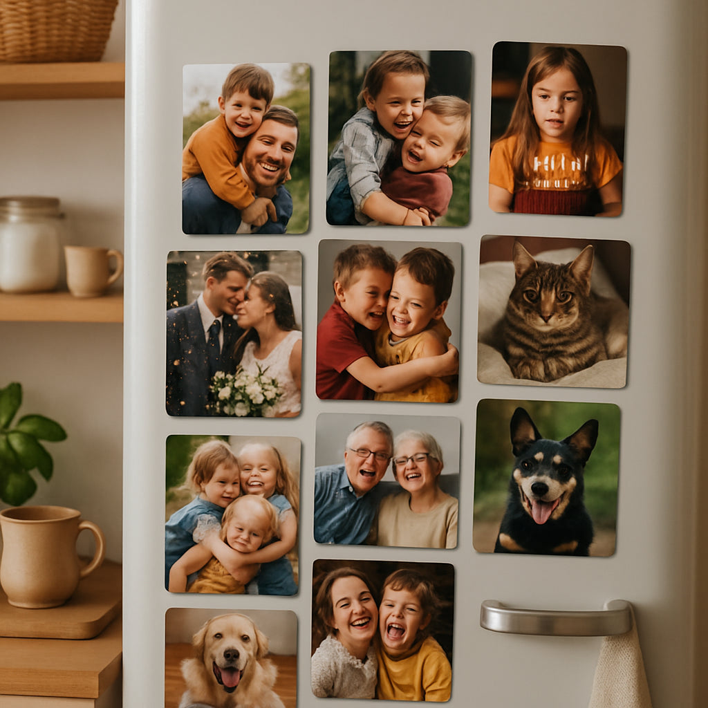 A cozy kitchen refrigerator door covered with vibrant, custom photo magnets featuring candid family moments, celebrations, and playful pets. Alt: Custom photo magnets for fridge gift showcasing joyful personalized memories.