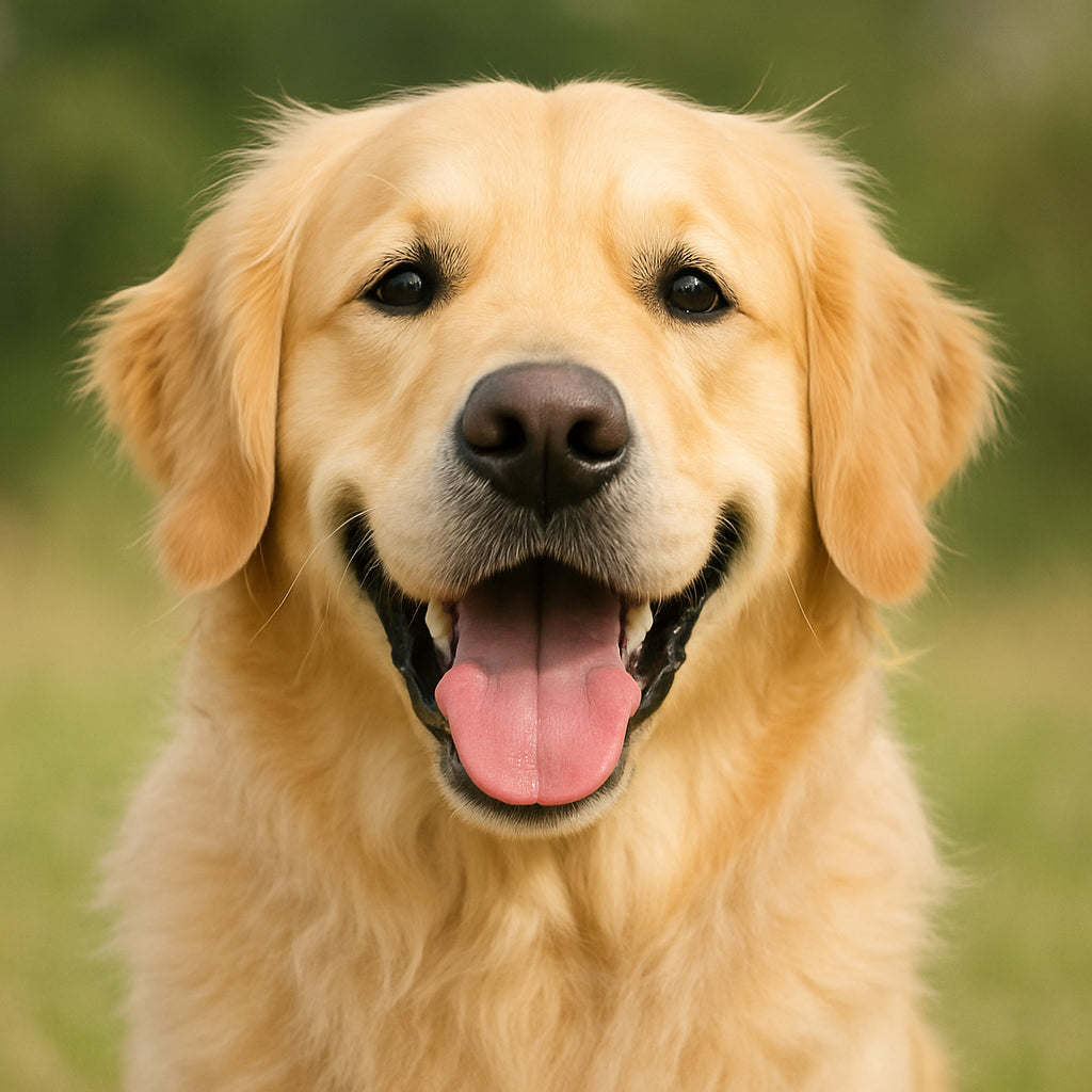 A happy golden retriever smiling in natural daylight, head centered, simple background. Alt: Personalized pet face socks featuring a clear, well‑lit dog photo.