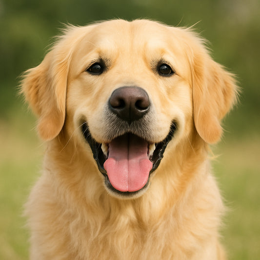 A happy golden retriever smiling in natural daylight, head centered, simple background. Alt: Personalized pet face socks featuring a clear, well‑lit dog photo.