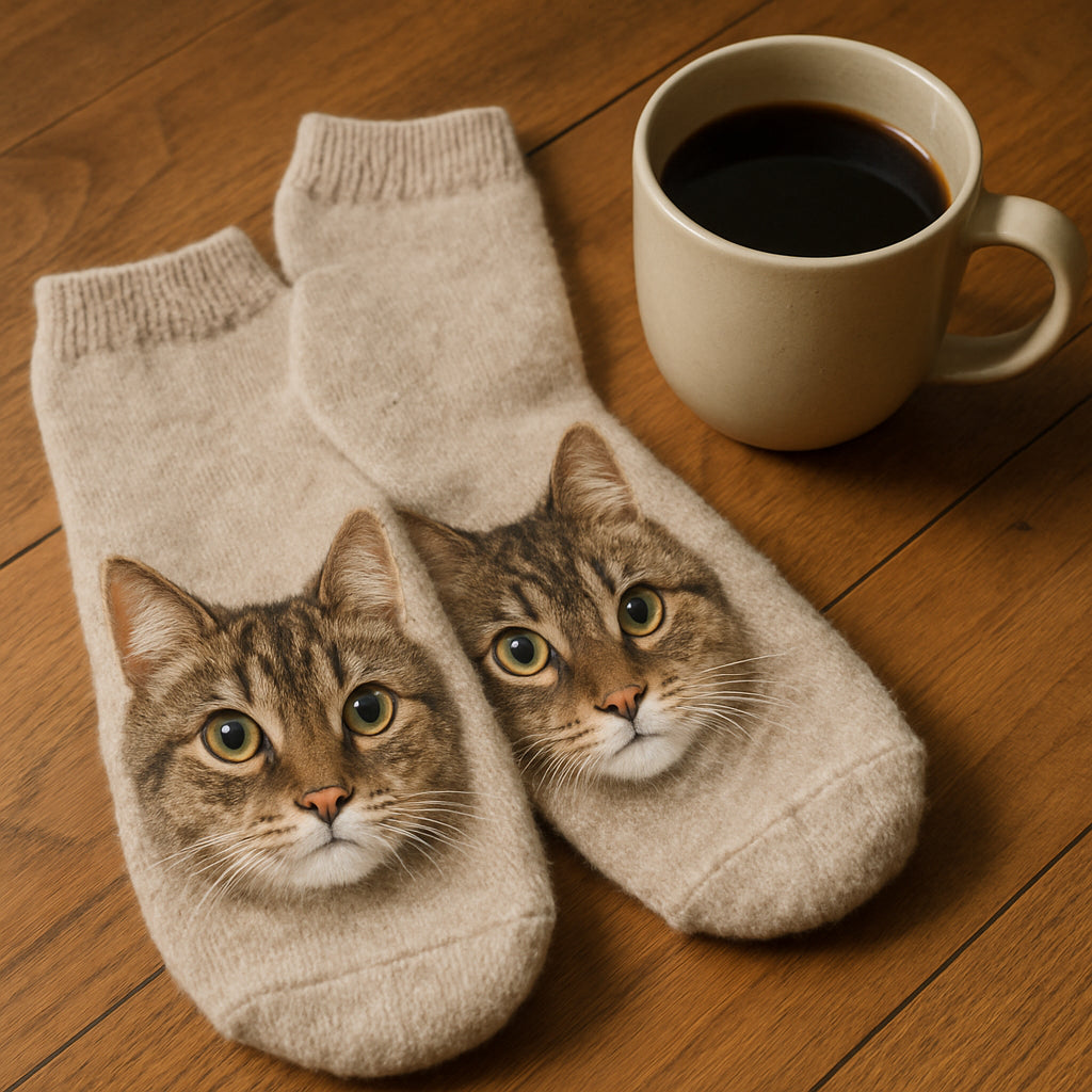 A cozy pair of socks featuring a cat’s face, bright eyes and soft fur texture, placed on a wooden floor beside a coffee mug. Alt: Personalized pet face socks showcasing a cat portrait.