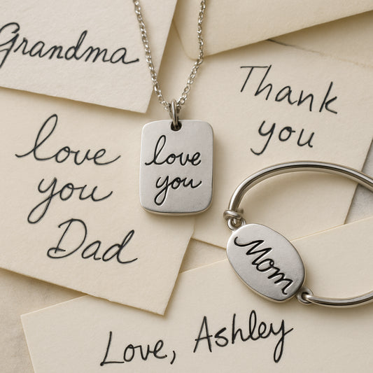 A close-up image of diverse handwriting samples on various papers, alongside elegant custom handwriting jewelry pieces like pendants and bracelets. Alt: Custom handwriting jewelry gift with carefully chosen handwriting sample on silver necklace pendant.
