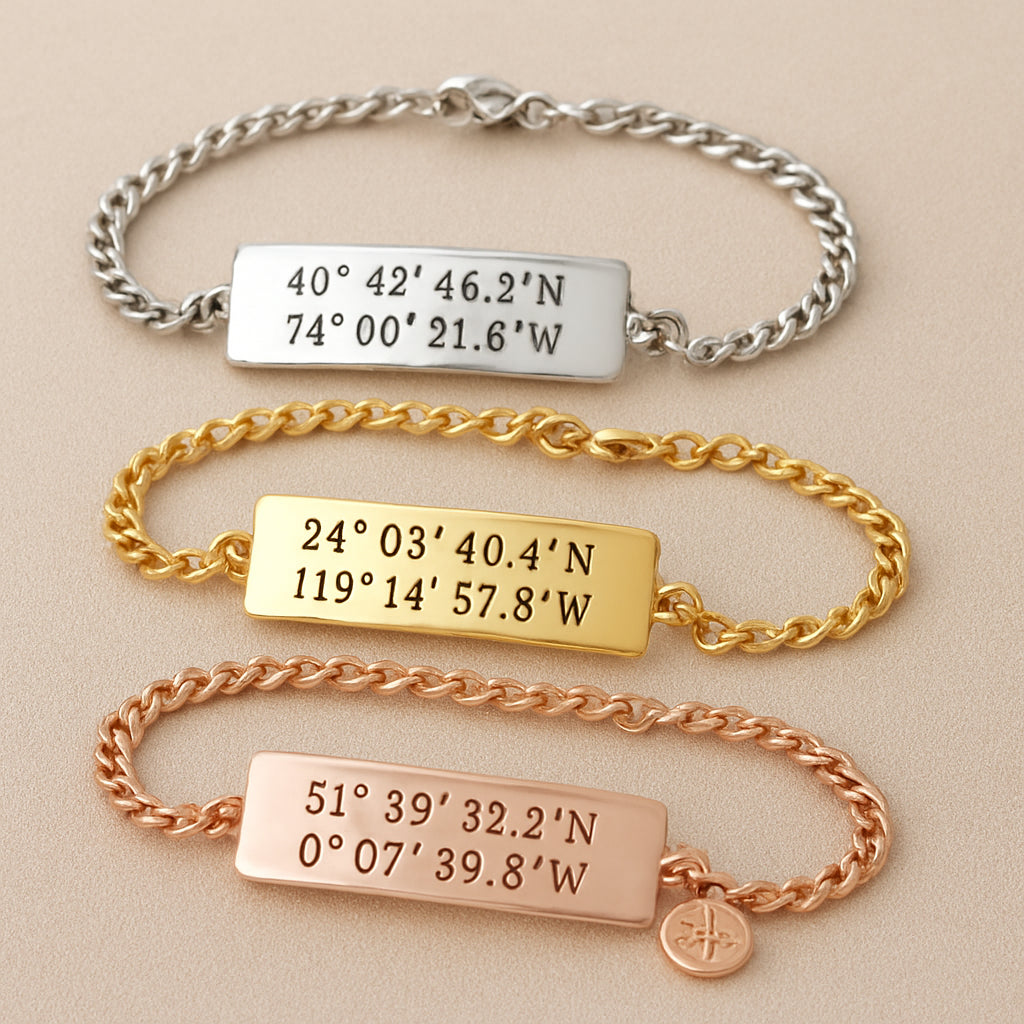 A close‑up of three custom coordinates bracelets in silver, gold, and rose gold, each showing a different chain style and a tiny compass charm. Alt: custom coordinates bracelet styles for gift ideas.