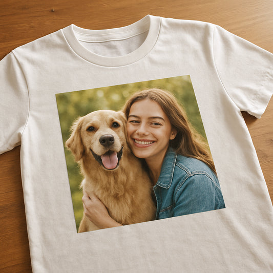 A close‑up of a custom picture t‑shirt on a wooden table, showing the printed photo clearly, with soft natural lighting. Alt: custom picture t shirt showcasing vivid photo print