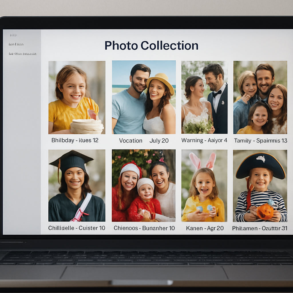 A neatly arranged digital photo folder on a laptop screen showing high‑resolution images labeled by event and date. Alt: Organized photo collection for a custom photo collage t shirt