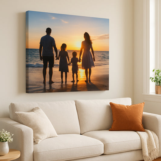 A bright living room with a large custom photo canvas wall art featuring a family beach sunset, showing the canvas wrapped edges and a cozy sofa nearby. Alt: Custom photo canvas wall art displayed in a modern living room.