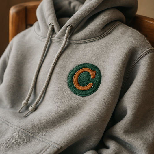A cozy hoodie draped over a wooden chair, close‑up of embroidered logo on the chest. Alt: custom embroidered hoodie soft cotton fleece with detailed stitching