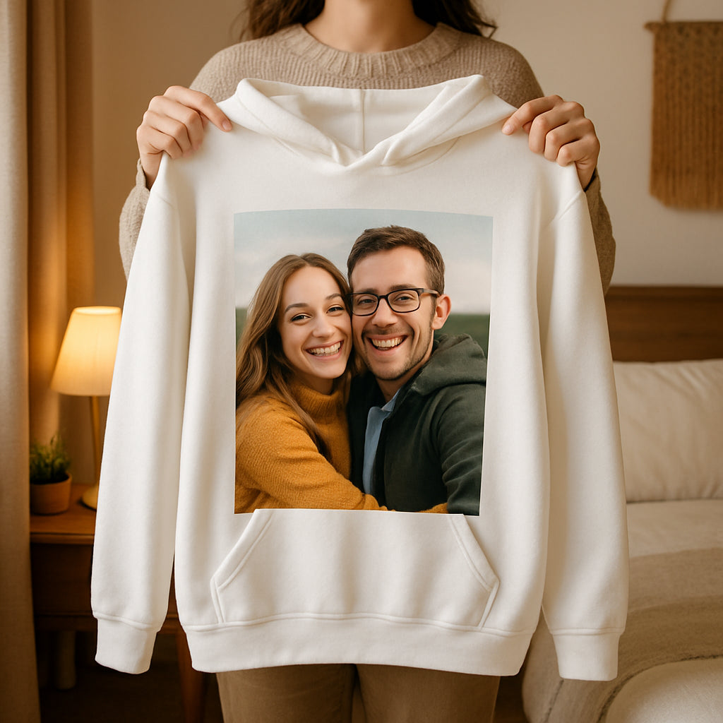 A cozy bedroom scene with a person holding a custom photo hoodie, showing the front print clearly. Alt: custom photo hoodie front print on soft fabric, vibrant colors, personal memory wearable