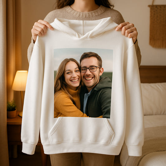 A cozy bedroom scene with a person holding a custom photo hoodie, showing the front print clearly. Alt: custom photo hoodie front print on soft fabric, vibrant colors, personal memory wearable