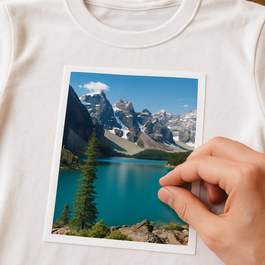 A close‑up of a high‑resolution photo being placed on a mockup t‑shirt, showing vibrant colors and crisp detail. Alt: custom photo t shirt design preview