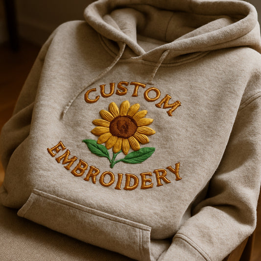A cozy, thick custom embroidered hoodie draped over a chair with a close-up of textured embroidery stitching. Alt: Detailed view of embroidery on a warm custom embroidered hoodie in cozy fabric.