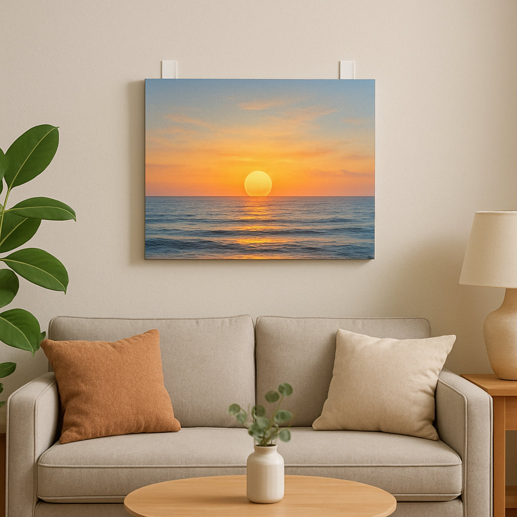 A modern living room wall with a canvas hung using adhesive strips, showing clean paint and no nail holes. Alt: How to hang canvas without nails using adhesive strips