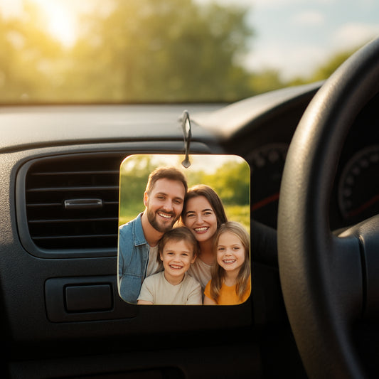 A sunny car interior with a personalized photo air freshener hanging from the vent, showing a bright family photo. Alt: personalized photo air freshener with family photo on car vent
