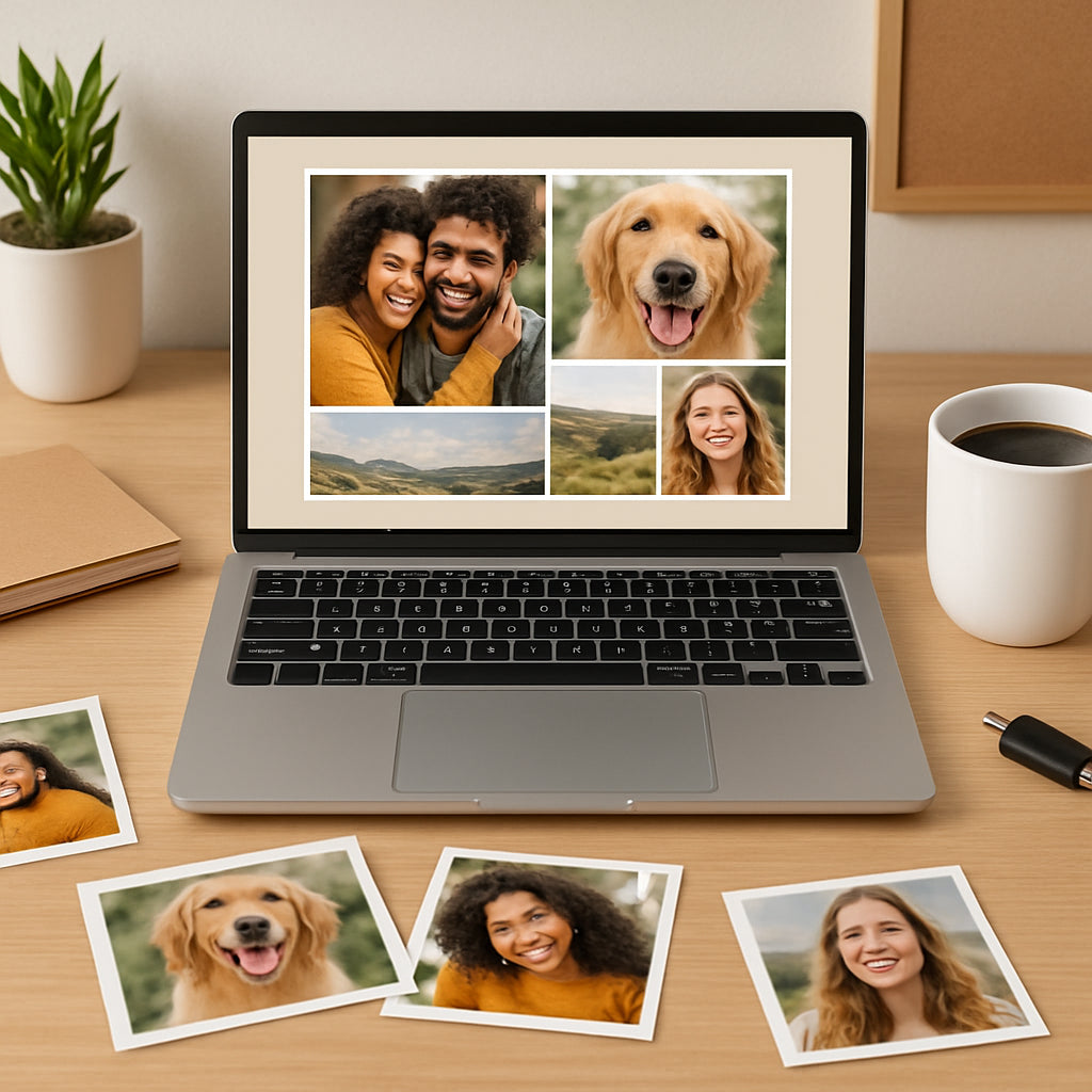 A bright, organized workspace with a laptop displaying a photo collage design, a USB drive, and a coffee mug. Alt: Gather photos and materials for a canvas collage step-by-step guide