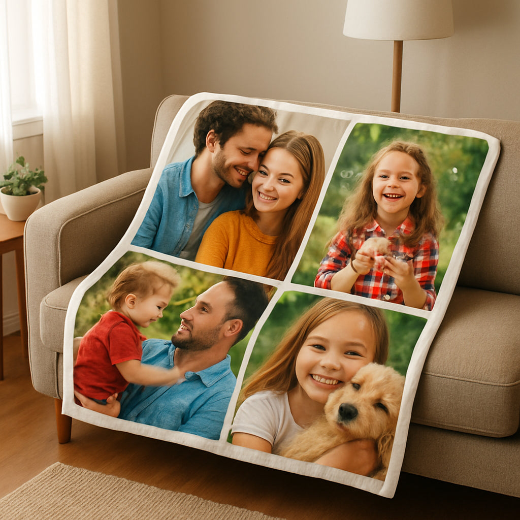 A cozy living room scene with a folded photo blanket draped over a sofa, showing vibrant printed images. Alt: How to wash a photo blanket step by step preparation guide
