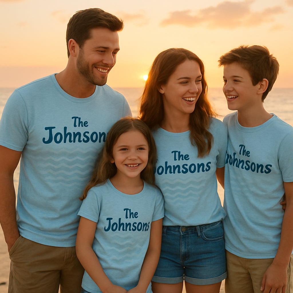 A happy family on a beach at sunset, all wearing coordinated themed t‑shirts that feature a subtle wave pattern and the family name in a playful font. Alt: matching family vacation shirts beach theme