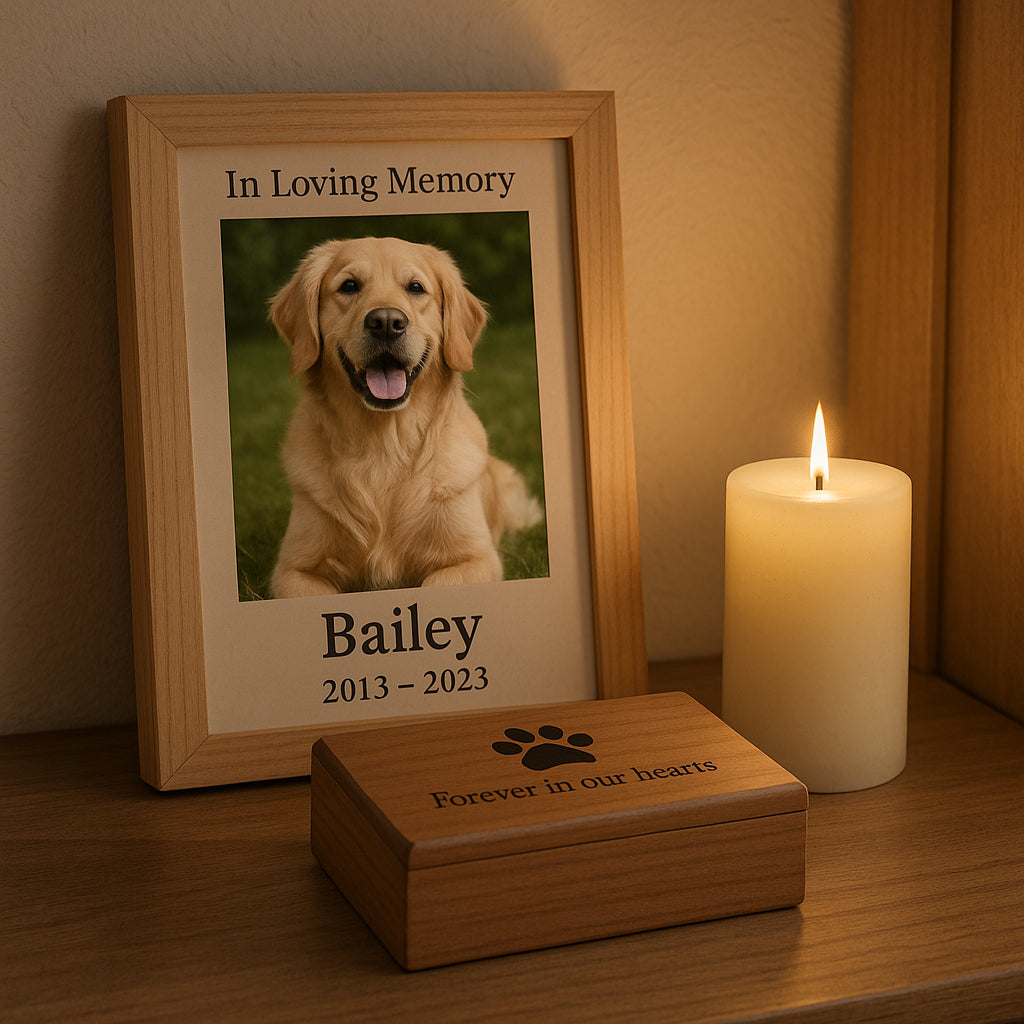 A cozy room corner with a memorial photo frame, keepsake box and candle softly lit. Alt: Personalized pet memorial gift keepsakes including photo frames and candles honoring a beloved pet.