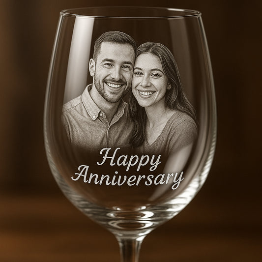 Close up of a custom photo wine glass with engraved text and a smiling couple’s portrait, showcasing elegant craftsmanship. Alt: Custom photo wine glass gift with engraved text and portrait.