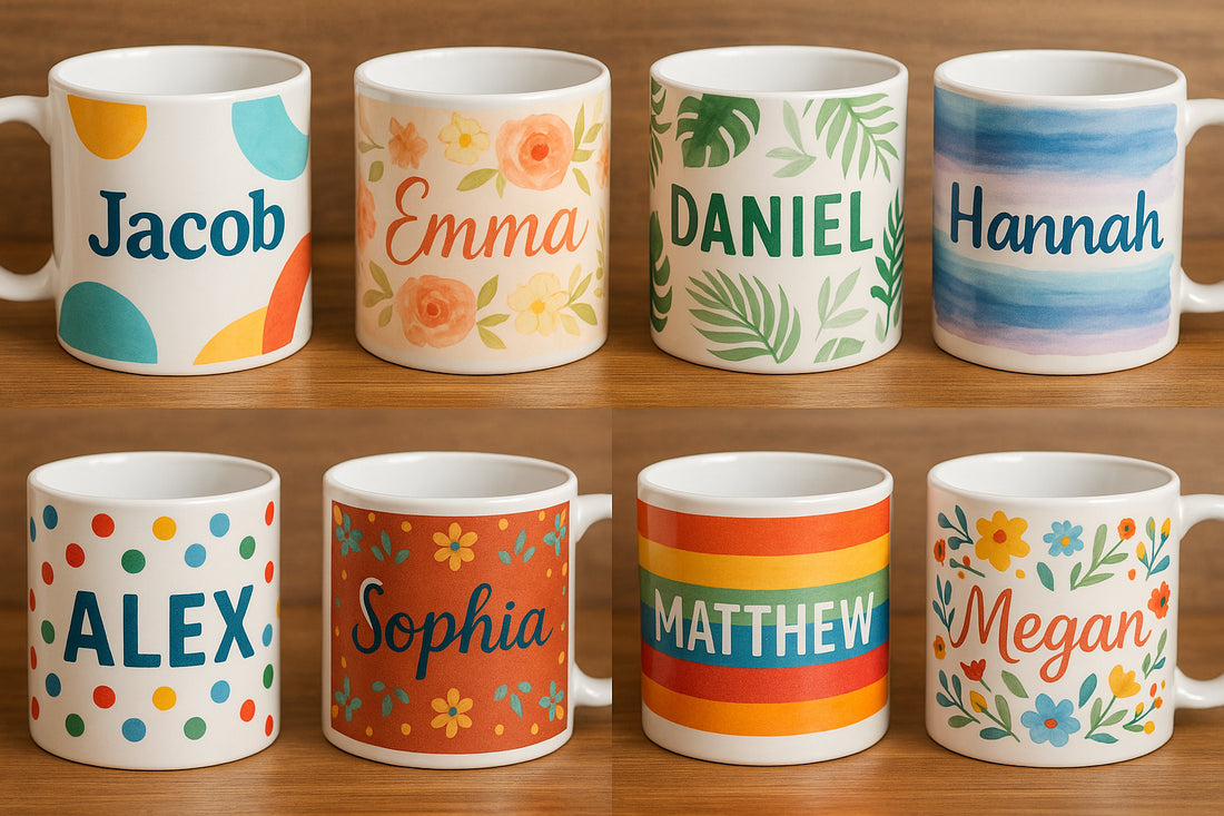 A colorful collection of custom name coffee mugs showcasing various designs. Alt: Custom name coffee mugs with personalized designs.